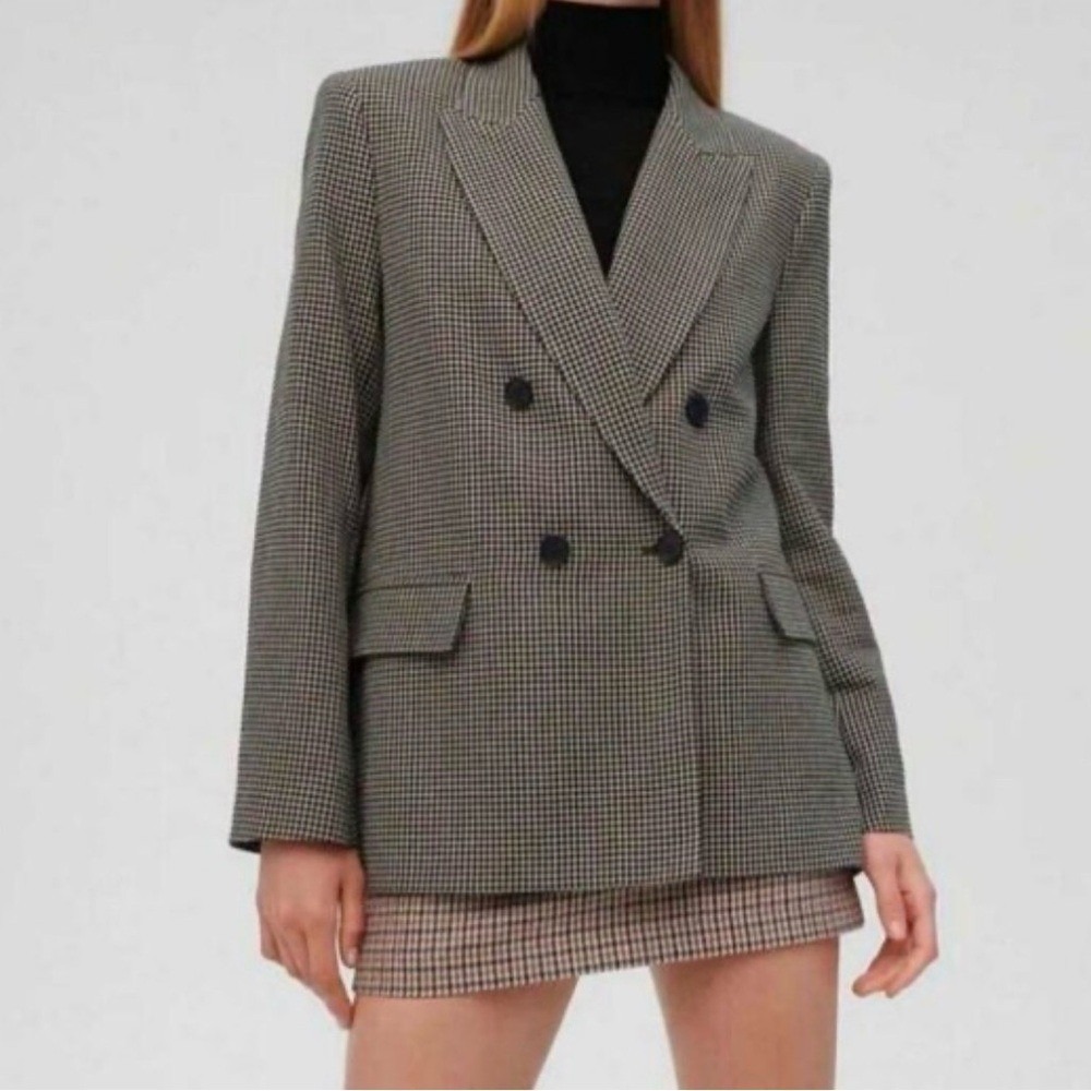 Zara Blazer XS Brown Blue Houndstooth Viscose Blend Dark Academia Career Chic - Picture 2 of 16
